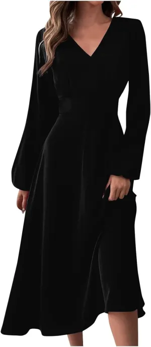 Spring Dresses for Women 2025,Women's 2025 Midi Dress Casual Long Sleeve V Neck Solid Color A Line Flowy Dresses