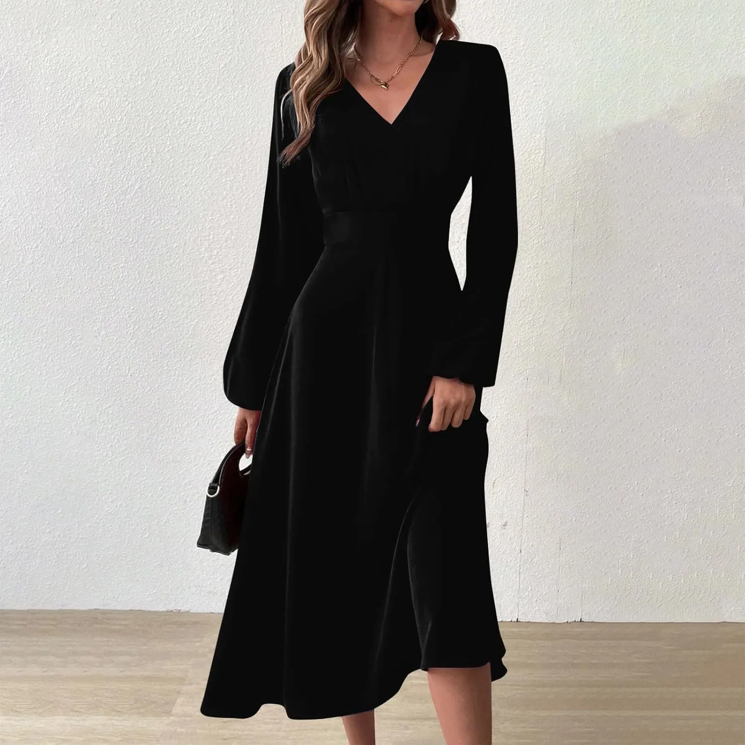 Spring Dresses for Women 2025,Women's 2025 Midi Dress Casual Long Sleeve V Neck Solid Color A Line Flowy Dresses