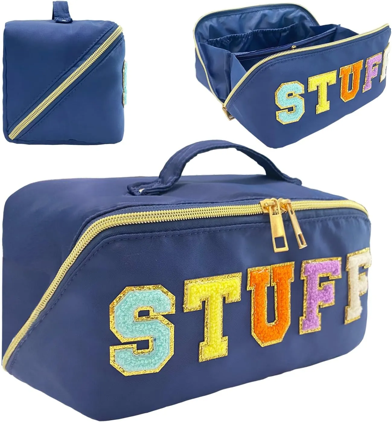 Stoney Clover Dupes Preppy Makeup Bag Blue Stoney Clover Stuff Bag for Travel Chenille Letter Bag Large Capacity Travel Cosmetic Bag Nylon Pouch