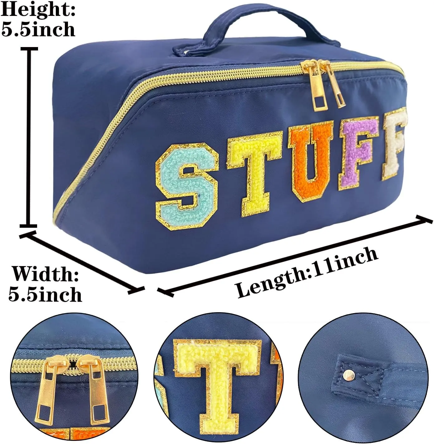 Stoney Clover Dupes Preppy Makeup Bag Blue Stoney Clover Stuff Bag for Travel Chenille Letter Bag Large Capacity Travel Cosmetic Bag Nylon Pouch