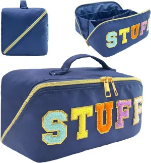 Stoney Clover Dupes Preppy Makeup Bag Blue Stoney Clover Stuff Bag for Travel Chenille Letter Bag Large Capacity Travel Cosmetic Bag Nylon Pouch