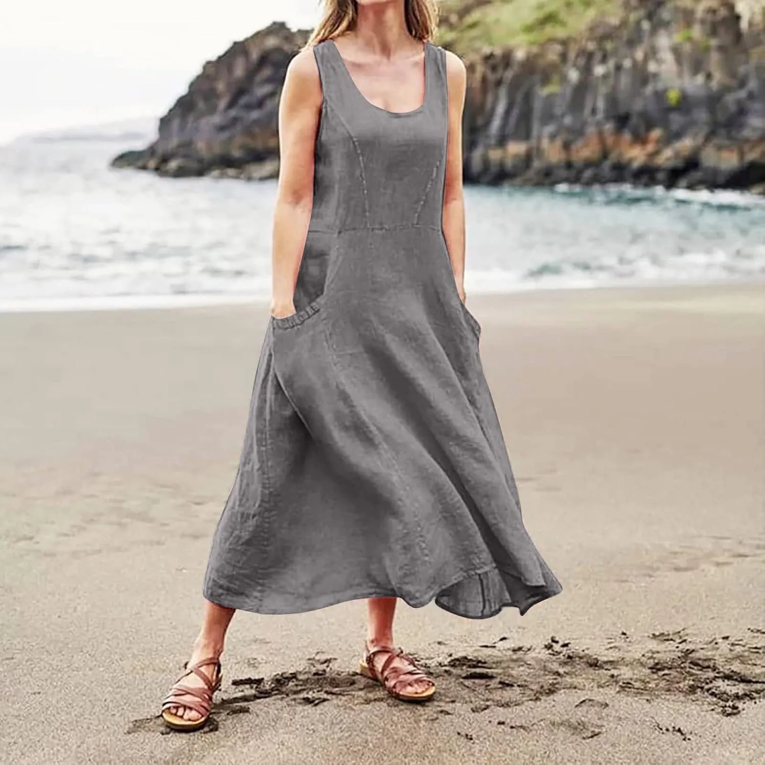 Summer Dress for Women 2025 Plus Size Sundress Floral Crewneck Sleeveless Dress Cotton Linen Beach Dress with Pockets