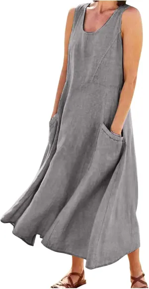 Summer Dress for Women 2025 Plus Size Sundress Floral Crewneck Sleeveless Dress Cotton Linen Beach Dress with Pockets