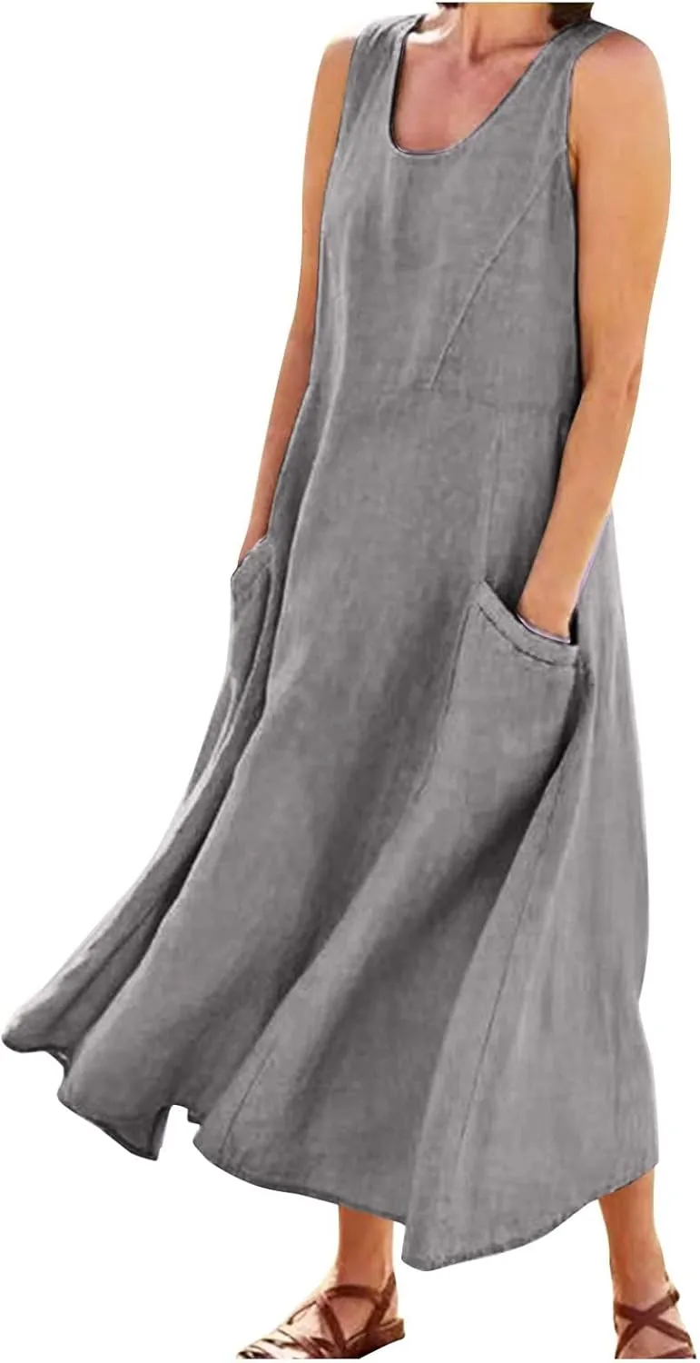 Summer Dress for Women 2025 Plus Size Sundress Floral Crewneck Sleeveless Dress Cotton Linen Beach Dress with Pockets