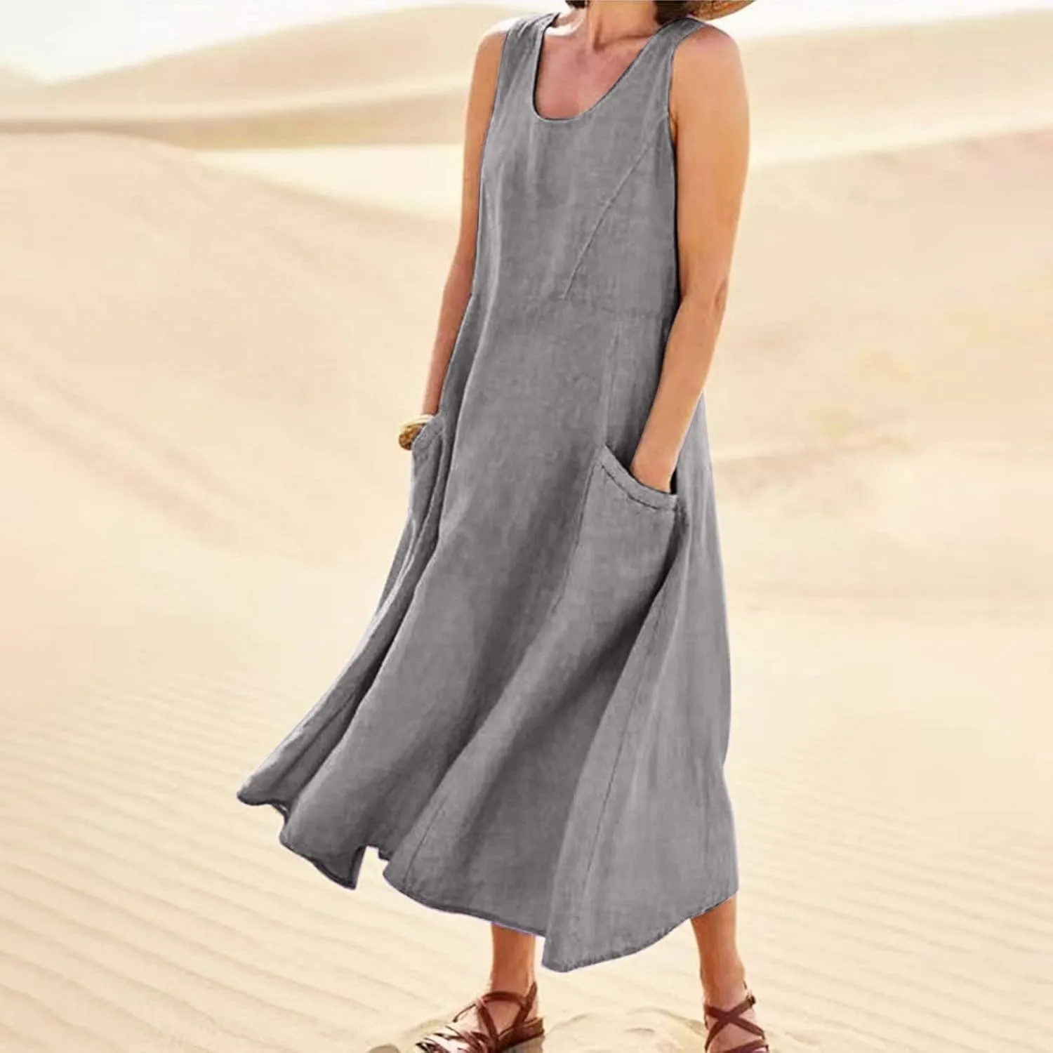 Summer Dress for Women 2025 Plus Size Sundress Floral Crewneck Sleeveless Dress Cotton Linen Beach Dress with Pockets