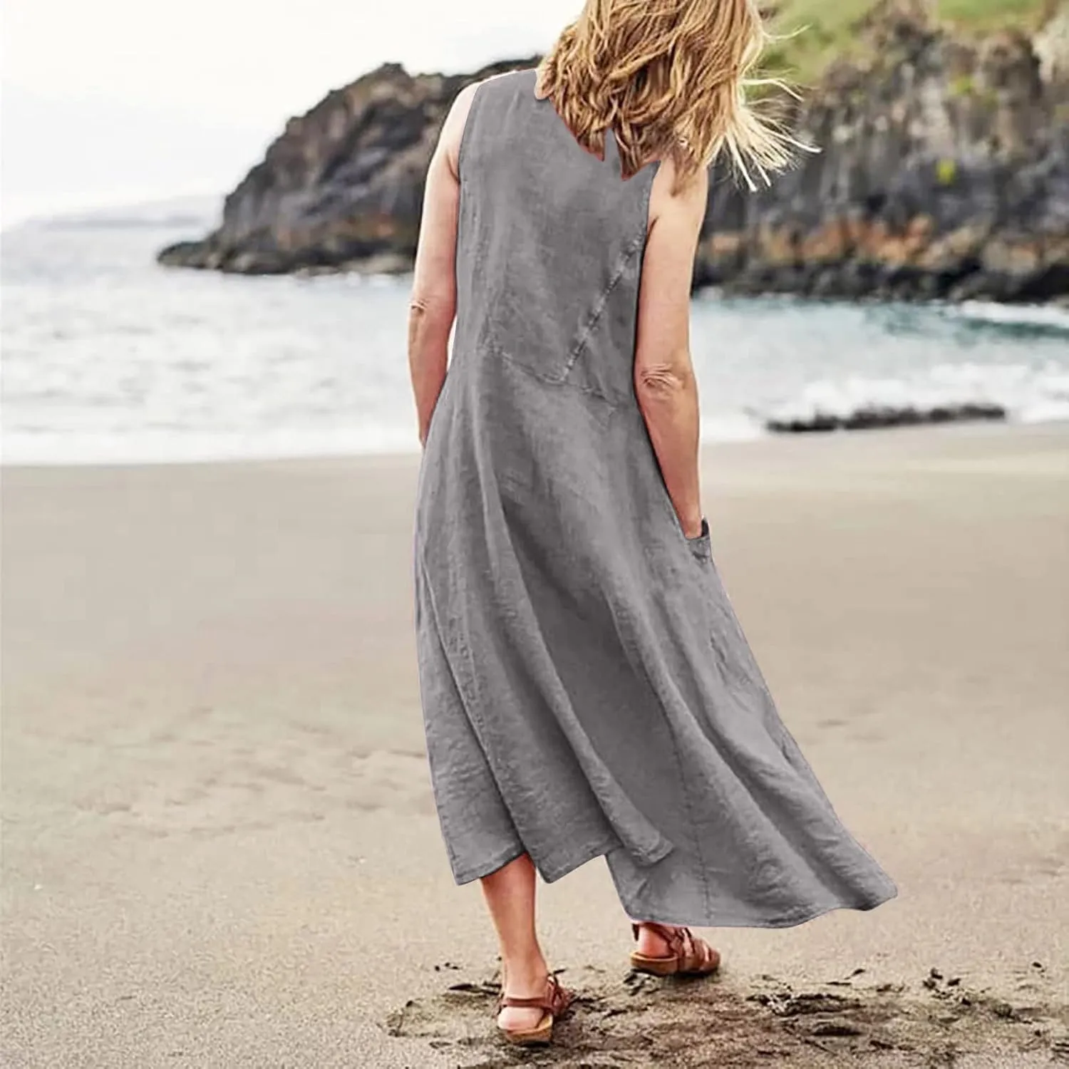 Summer Dress for Women 2025 Plus Size Sundress Floral Crewneck Sleeveless Dress Cotton Linen Beach Dress with Pockets