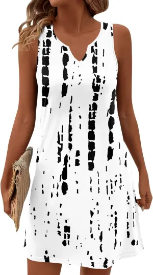 Summer Dresses for Women 2025 Casual A Line Sundress Sleeveless Crew Neck Beach Vacation Dress Printed Tank Dress