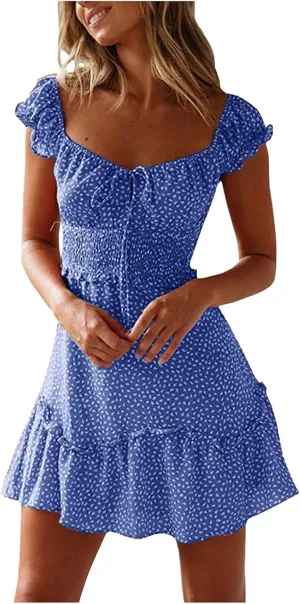 Sundresses for Women 2024 Cute Summer Mini Dress Ruffle Sleeve Sweetheart Neckline Boho Floral Short Milkmaid Dress Blue, Large