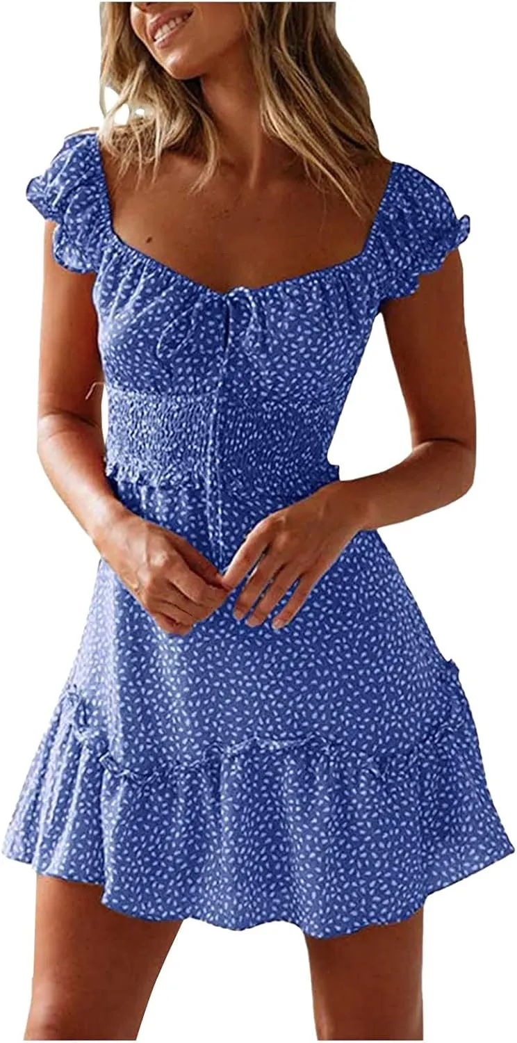 Sundresses for Women 2024 Cute Summer Mini Dress Ruffle Sleeve Sweetheart Neckline Boho Floral Short Milkmaid Dress Blue, Large