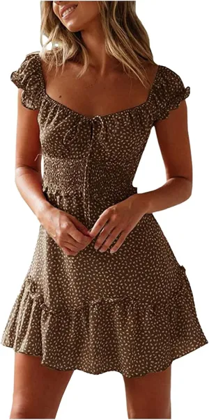 Sundresses for Women 2024 Cute Summer Mini Dress Ruffle Sleeve Sweetheart Neckline Boho Floral Short Milkmaid Dress Brown
