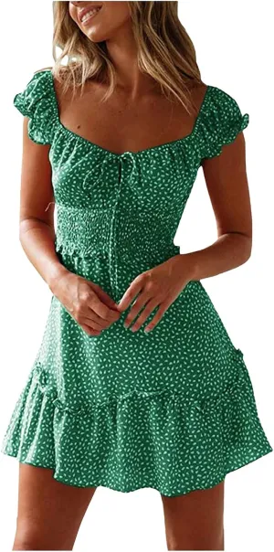 Sundresses for Women 2024 Cute Summer Mini Dress Ruffle Sleeve Sweetheart Neckline Boho Floral Short Milkmaid Dress Green, Small