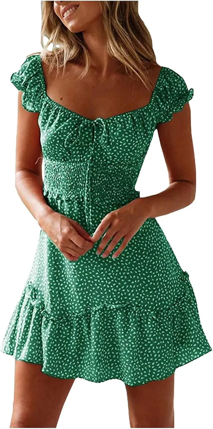 Sundresses for Women 2024 Cute Summer Mini Dress Ruffle Sleeve Sweetheart Neckline Boho Floral Short Milkmaid Dress Green, XX-Large