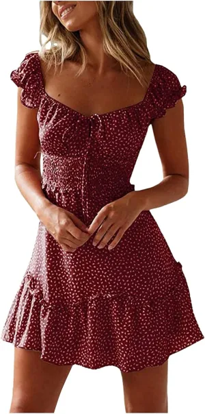 Sundresses for Women 2024 Cute Summer Mini Dress Ruffle Sleeve Sweetheart Neckline Boho Floral Short Milkmaid Dress Hot Pink, XX-Large