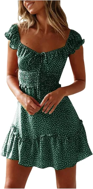 Sundresses for Women 2024 Cute Summer Mini Dress Ruffle Sleeve Sweetheart Neckline Boho Floral Short Milkmaid Dress Mint Green, Large