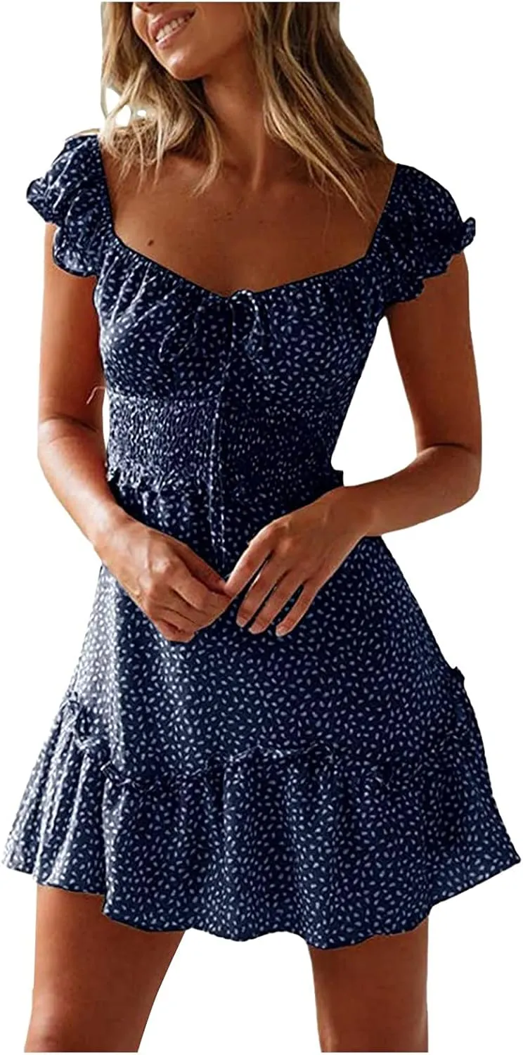 Sundresses for Women 2024 Cute Summer Mini Dress Ruffle Sleeve Sweetheart Neckline Boho Floral Short Milkmaid Dress Navy, XX-Large