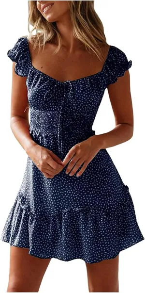 Sundresses for Women 2024 Cute Summer Mini Dress Ruffle Sleeve Sweetheart Neckline Boho Floral Short Milkmaid Dress Navy, XX-Large