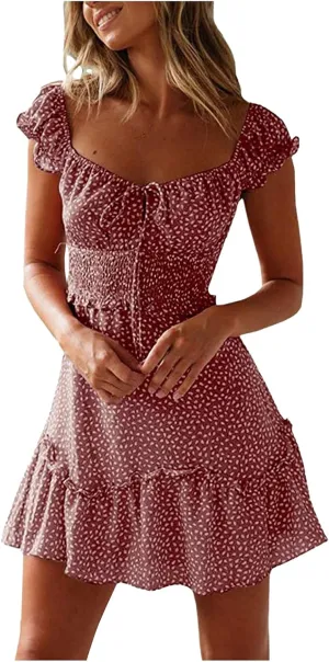 Sundresses for Women 2024 Cute Summer Mini Dress Ruffle Sleeve Sweetheart Neckline Boho Floral Short Milkmaid Dress Pink, 3X-Large