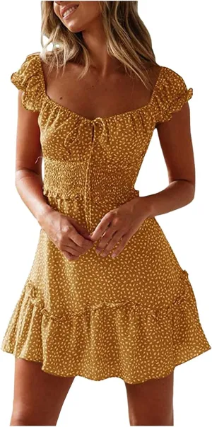 Sundresses for Women 2024 Cute Summer Mini Dress Ruffle Sleeve Sweetheart Neckline Boho Floral Short Milkmaid Dress Yellow, Medium