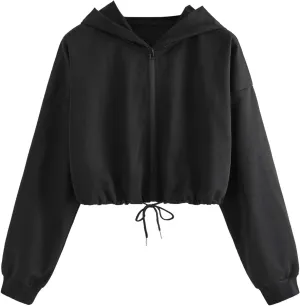 SweatyRocks Women's Long Sleeve Full Zip Drawstring Detail Crop Top Hoodie Sweatshirt Jacket