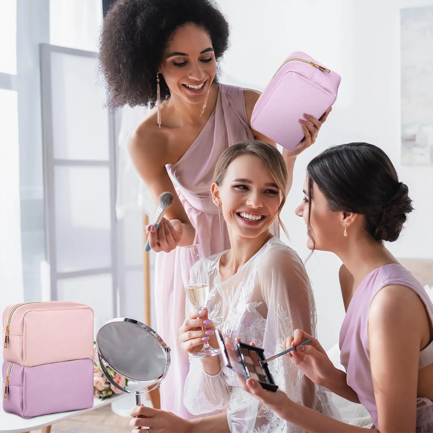 Sweetude 10 Pcs Preppy Makeup Bag Bulk Cosmetic Bag Bridesmaid Gift Wedding Day Bachelorette Party Favor Toiletry Pouch DIY PU Leather Skincare Pouch for Women(Pink and Purple)