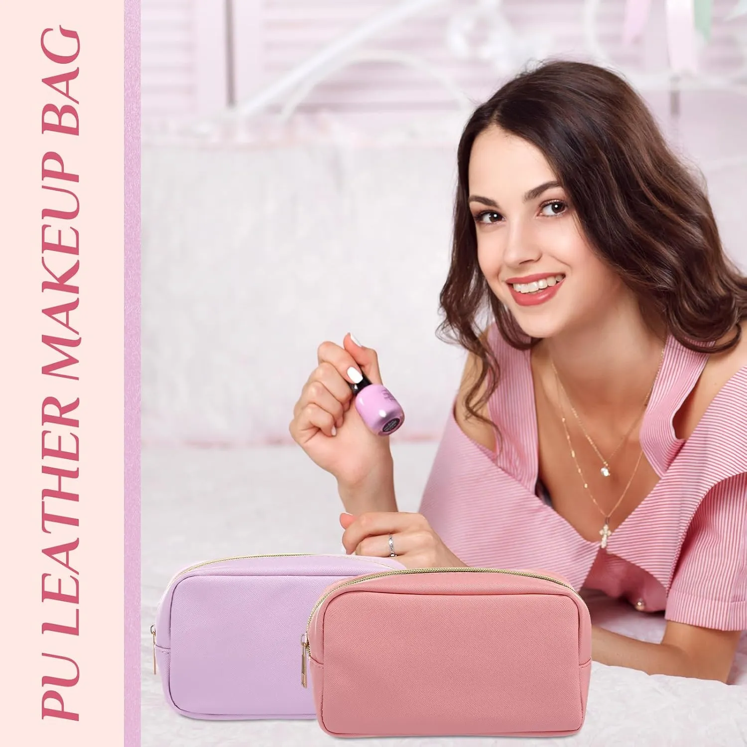 Sweetude 10 Pcs Preppy Makeup Bag Bulk Cosmetic Bag Bridesmaid Gift Wedding Day Bachelorette Party Favor Toiletry Pouch DIY PU Leather Skincare Pouch for Women(Pink and Purple)