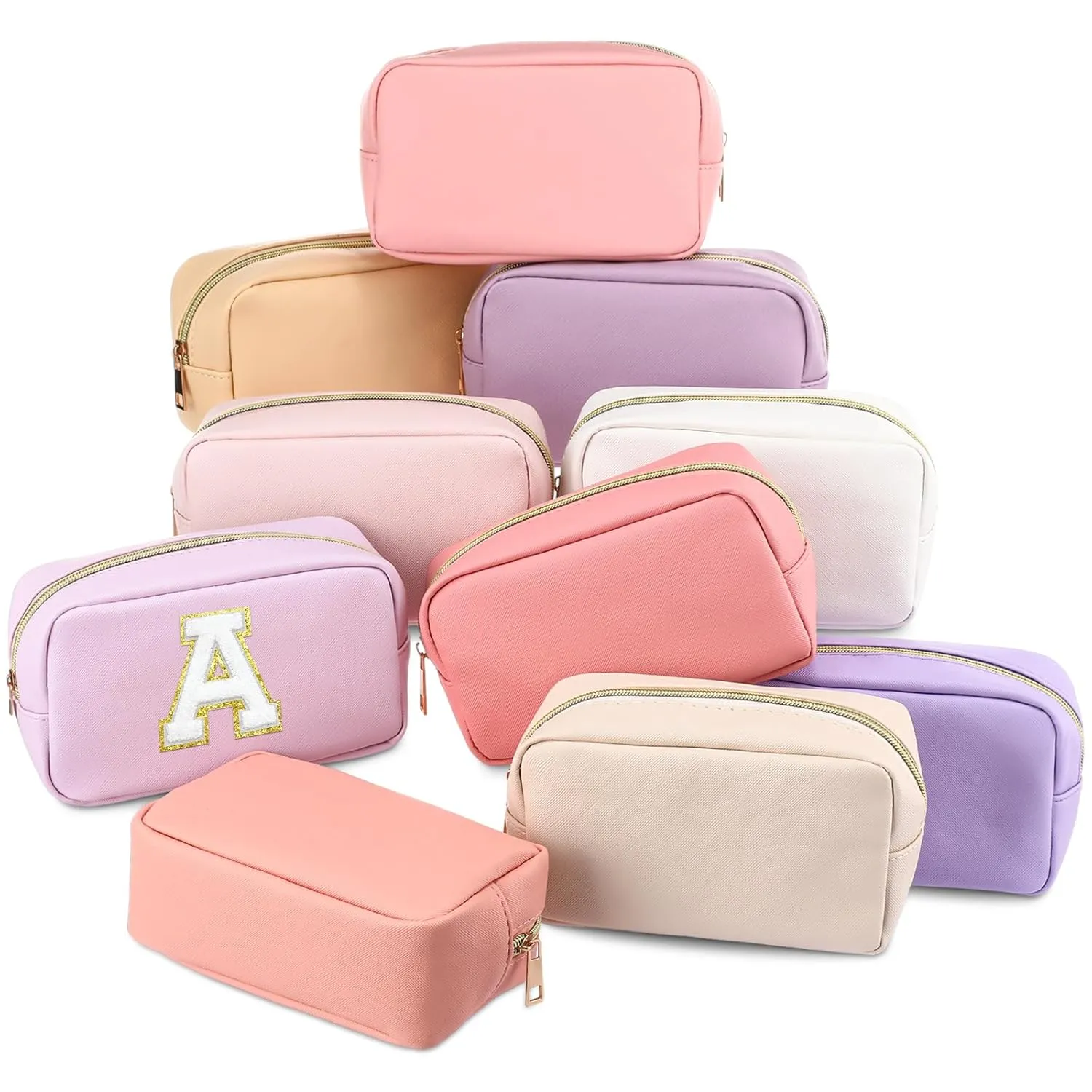 Sweetude 10 Pcs Preppy Makeup Bag Bulk Cosmetic Bag Bridesmaid Gift Wedding Day Bachelorette Party Favor Toiletry Pouch DIY PU Leather Skincare Pouch for Women(Pink and Purple)