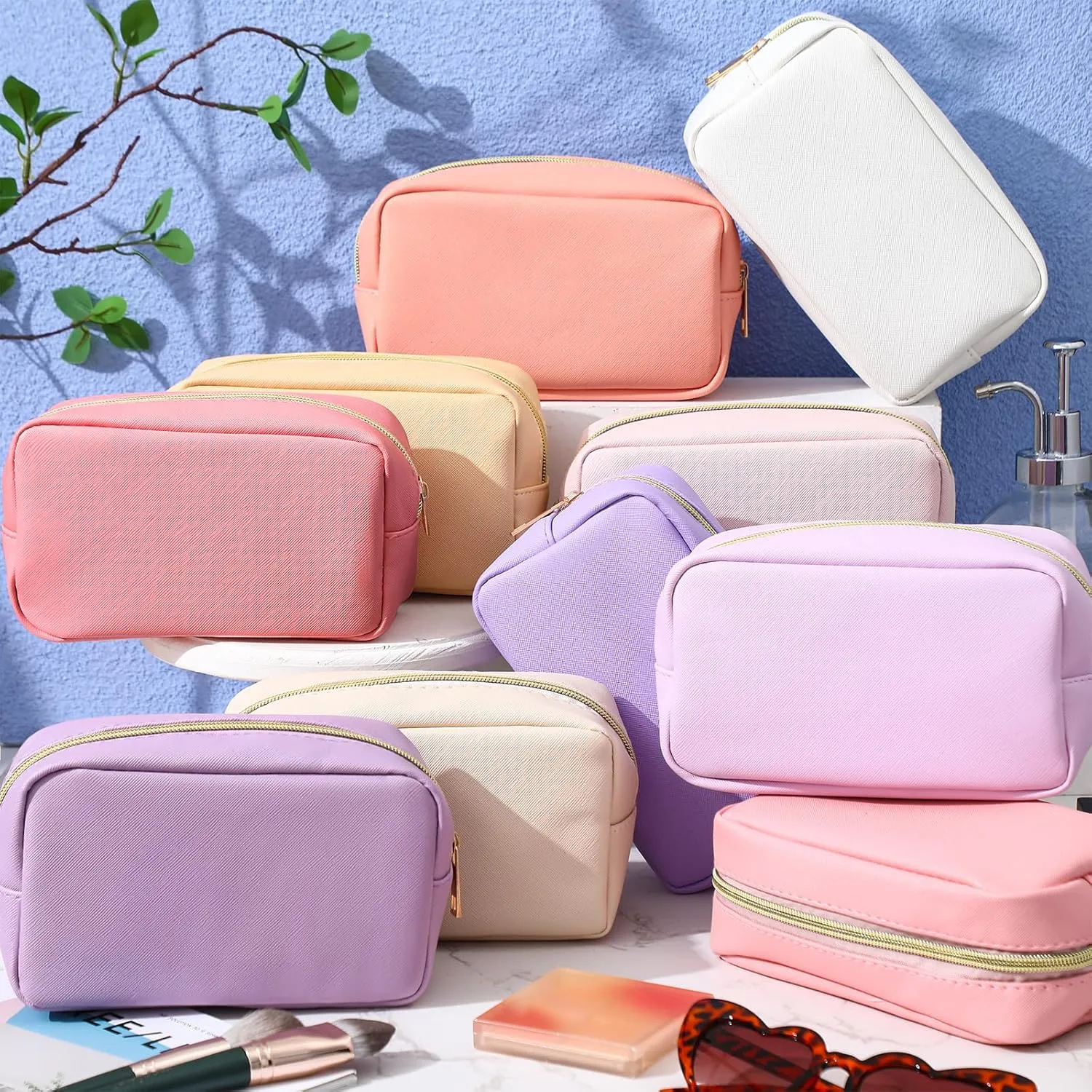 Sweetude 10 Pcs Preppy Makeup Bag Bulk Cosmetic Bag Bridesmaid Gift Wedding Day Bachelorette Party Favor Toiletry Pouch DIY PU Leather Skincare Pouch for Women(Pink and Purple)