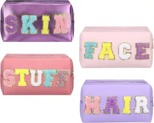 Talltalk 4 Pcs Large Chenille Letter Patch Makeup Bag Skin Stuff Hair Face Bag Preppy Patch Makeup Cosmetic Bag Toiletry Zipper for Women Teen Girl(Sweet Color Letters, PU Leather)