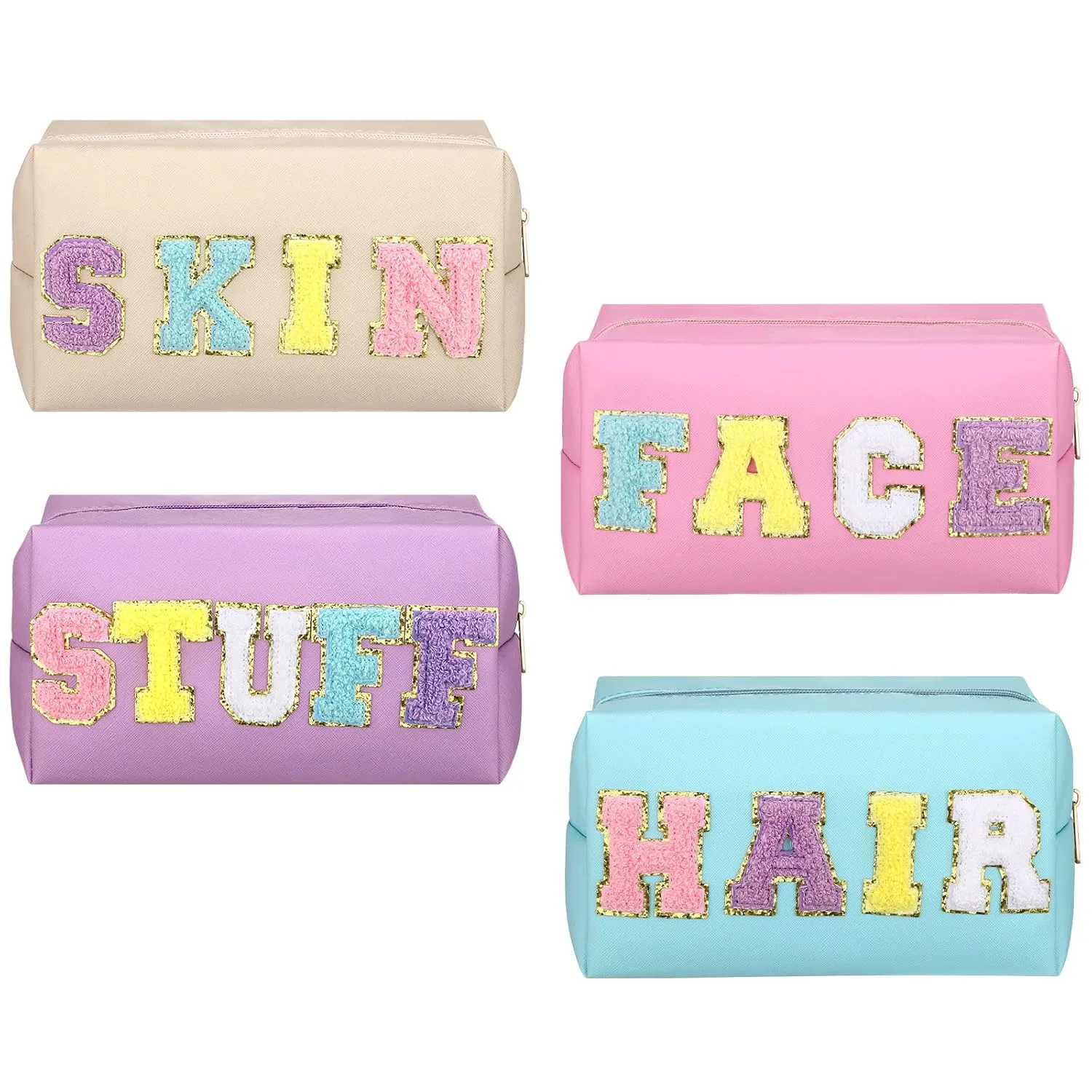 Talltalk 4 Pcs Preppy Makeup Bags Travel Cosmetic Organizer Pouch Skin Stuff Hair Face Chenille Letter Toiletry Bags PU Leather Portable Waterproof Toiletry Pouch with Zipper for Women Girls