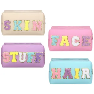 Talltalk 4 Pcs Preppy Makeup Bags Travel Cosmetic Organizer Pouch Skin Stuff Hair Face Chenille Letter Toiletry Bags PU Leather Portable Waterproof Toiletry Pouch with Zipper for Women Girls