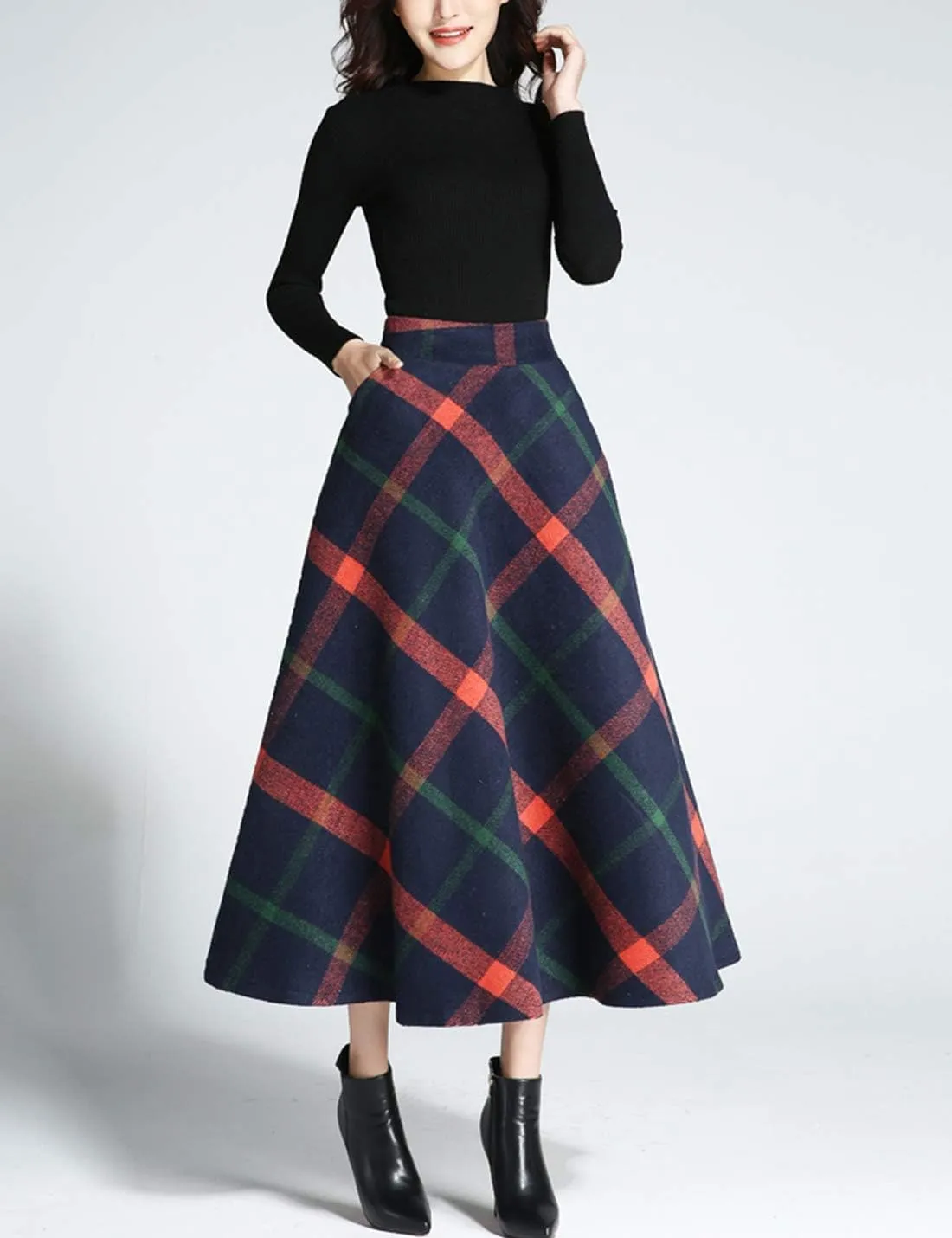 Tanming Women's Winter Warm Elastic Waist Wool Plaid A-Line Pleated Long Skirt