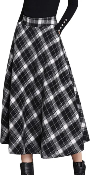 Tanming Women's Winter Warm Elastic Waist Wool Plaid A-Line Pleated Long Skirt