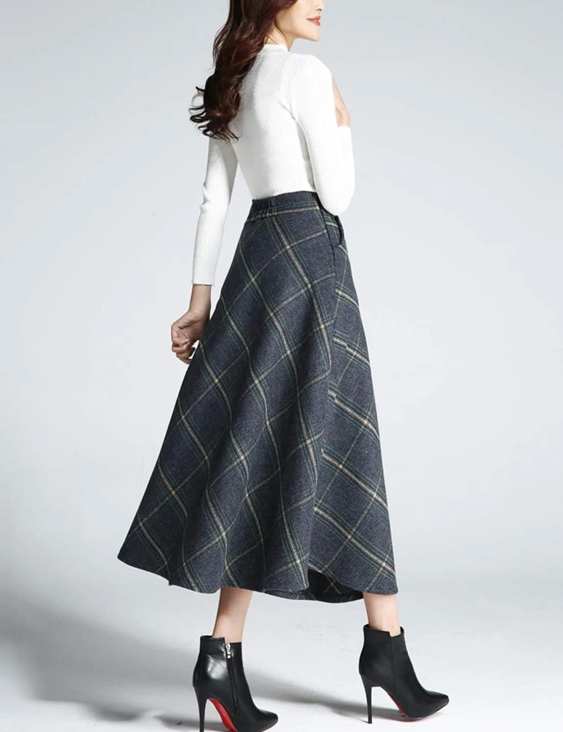 Tanming Women's Winter Warm Elastic Waist Wool Plaid A-Line Pleated Long Skirt