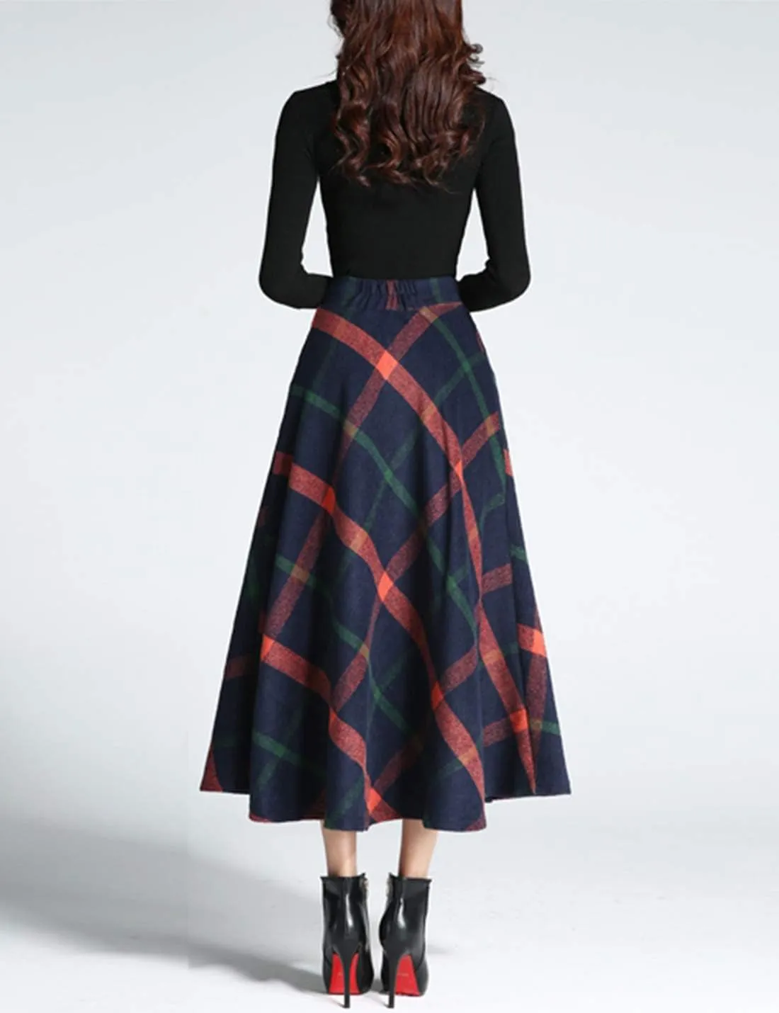 Tanming Women's Winter Warm Elastic Waist Wool Plaid A-Line Pleated Long Skirt