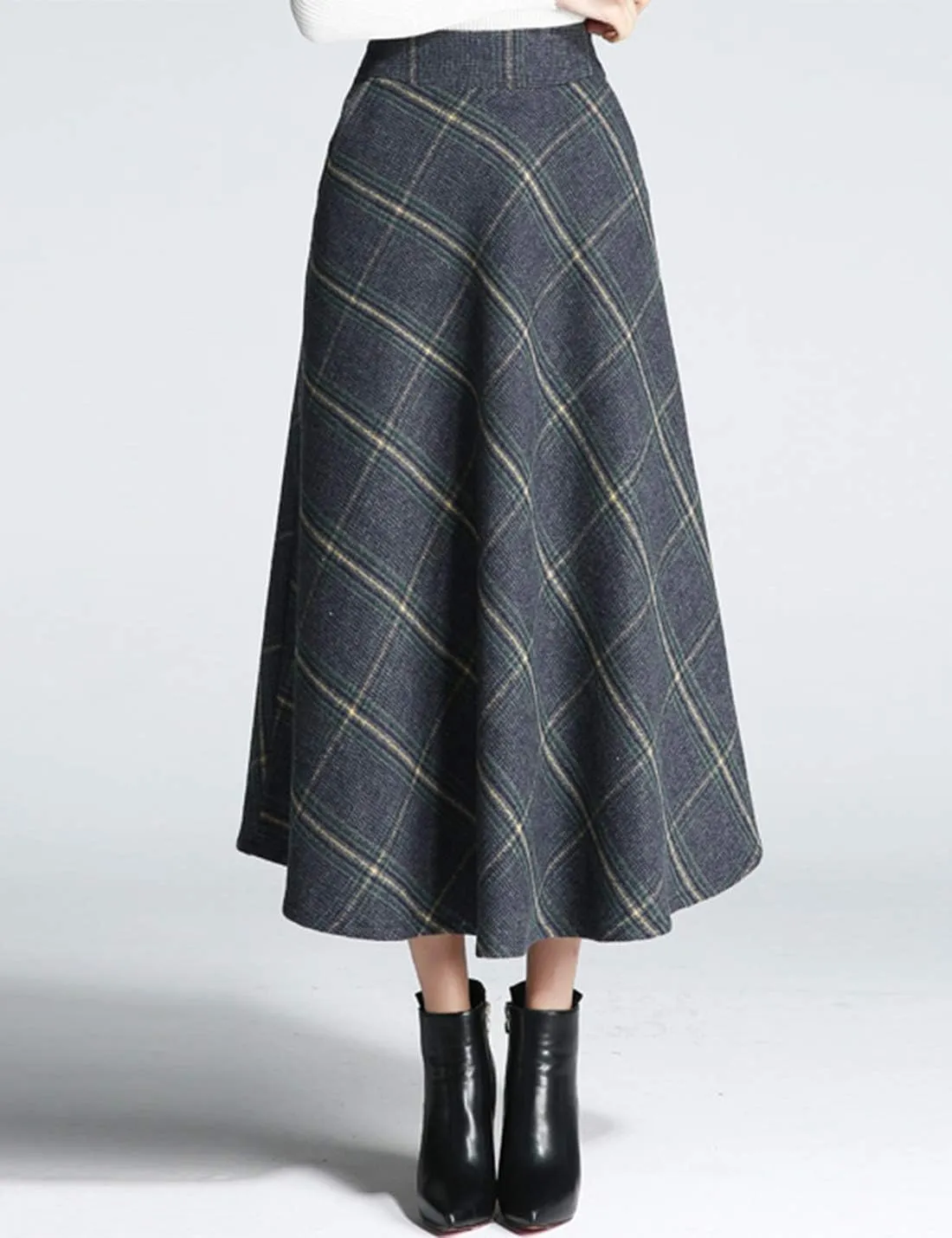 Tanming Women's Winter Warm Elastic Waist Wool Plaid A-Line Pleated Long Skirt