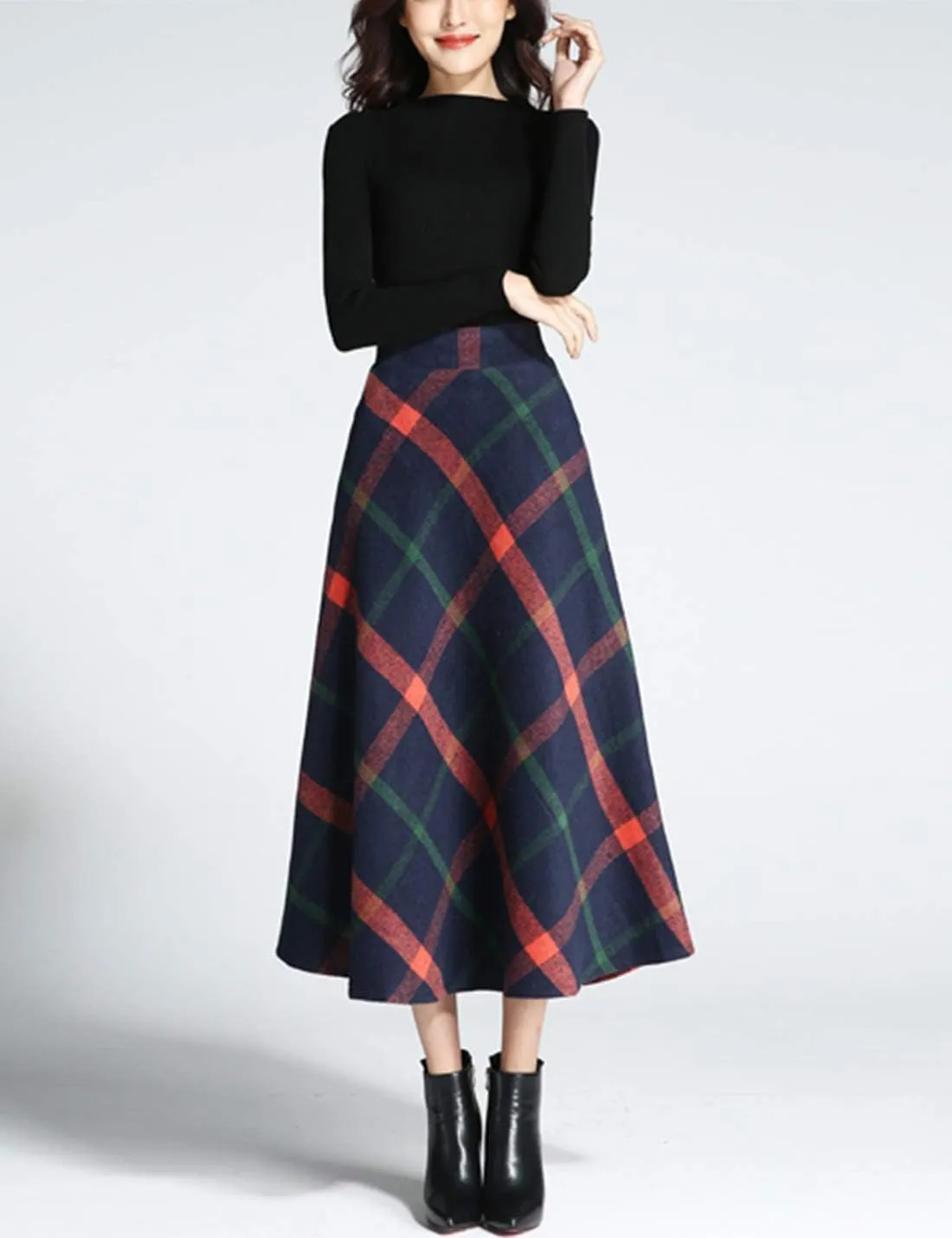 Tanming Women's Winter Warm Elastic Waist Wool Plaid A-Line Pleated Long Skirt