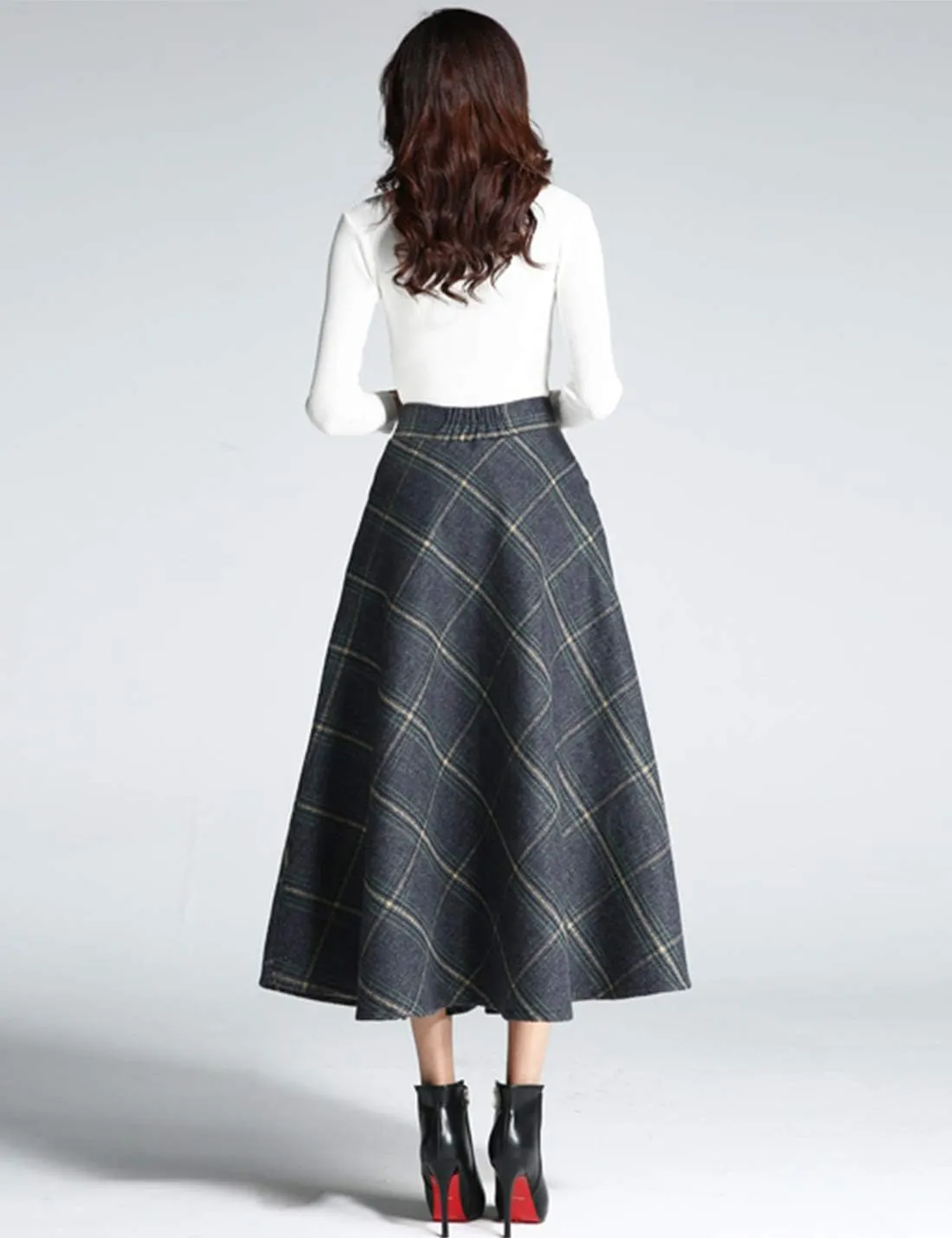 Tanming Women's Winter Warm Elastic Waist Wool Plaid A-Line Pleated Long Skirt