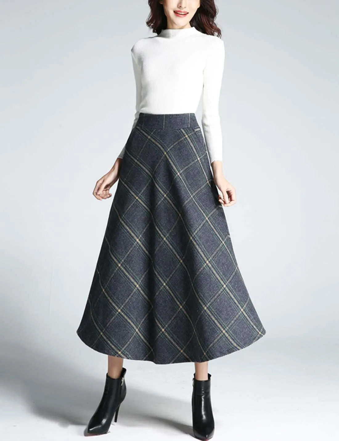 Tanming Women's Winter Warm Elastic Waist Wool Plaid A-Line Pleated Long Skirt
