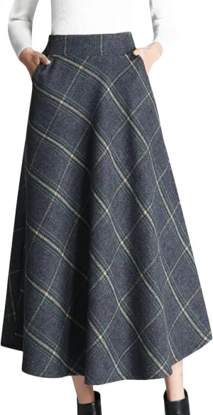 Tanming Women's Winter Warm Elastic Waist Wool Plaid A-Line Pleated Long Skirt
