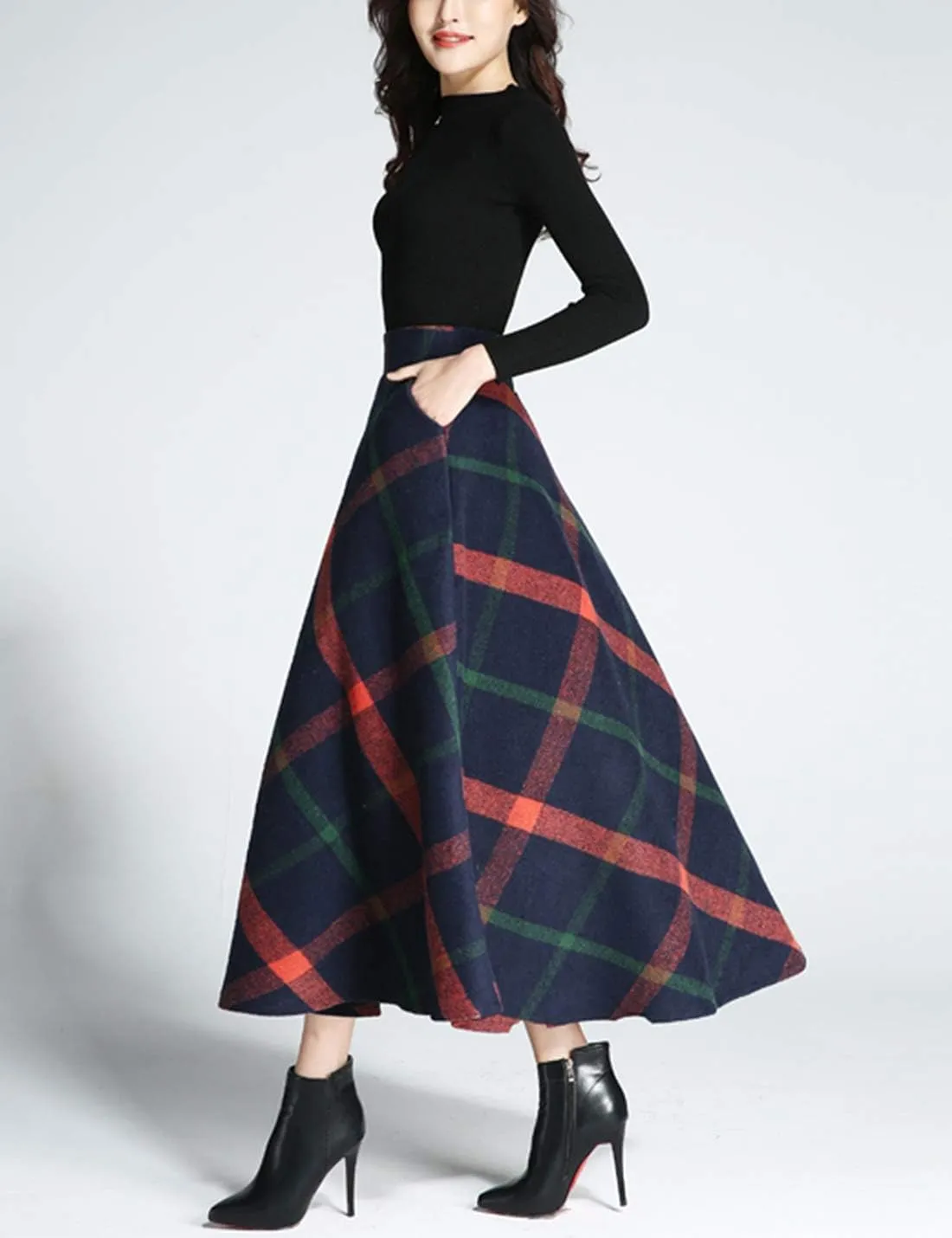 Tanming Women's Winter Warm Elastic Waist Wool Plaid A-Line Pleated Long Skirt