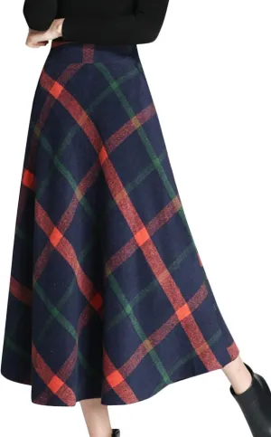 Tanming Women's Winter Warm Elastic Waist Wool Plaid A-Line Pleated Long Skirt