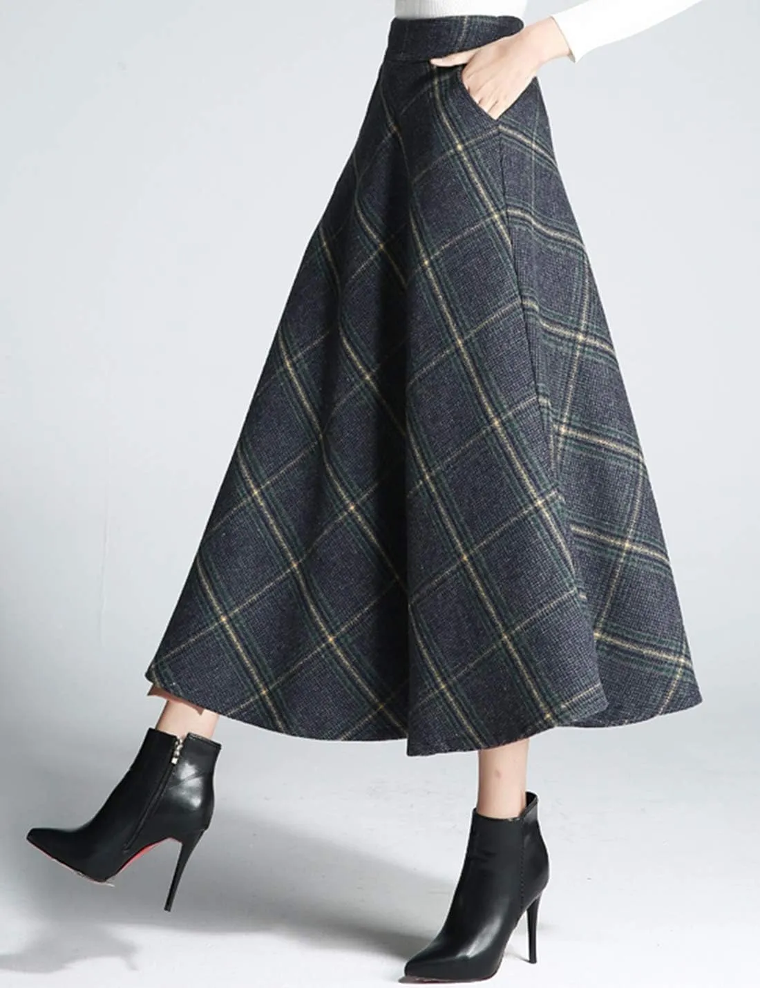 Tanming Women's Winter Warm Elastic Waist Wool Plaid A-Line Pleated Long Skirt