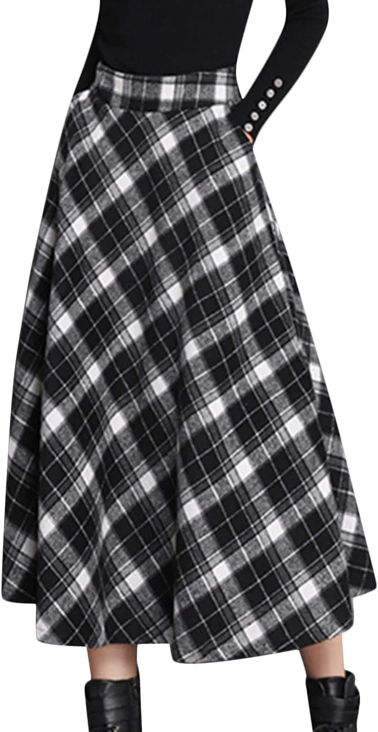 Tanming Women's Winter Warm Elastic Waist Wool Plaid A-Line Pleated Long Skirt