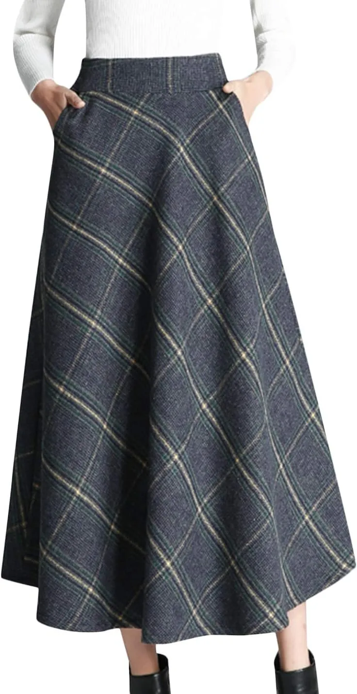 Tanming Women's Winter Warm Elastic Waist Wool Plaid A-Line Pleated Long Skirt