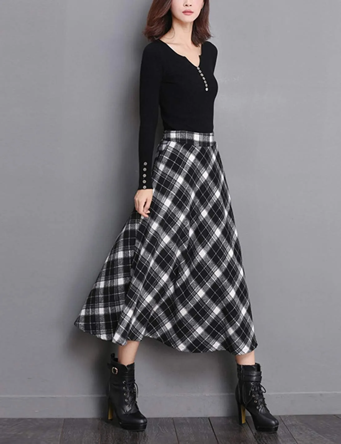 Tanming Women's Winter Warm Elastic Waist Wool Plaid A-Line Pleated Long Skirt