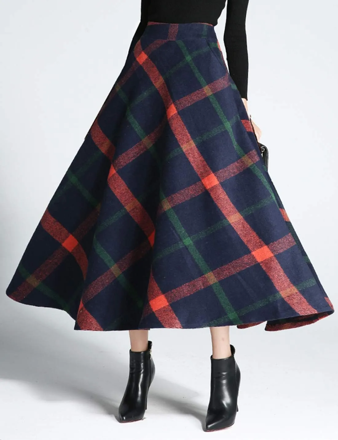 Tanming Women's Winter Warm Elastic Waist Wool Plaid A-Line Pleated Long Skirt
