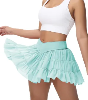 Tennis Skirt with Shorts V-Waist Flowy Pleated Ruffle Skirts Dance Golf Running Athletic Skorts