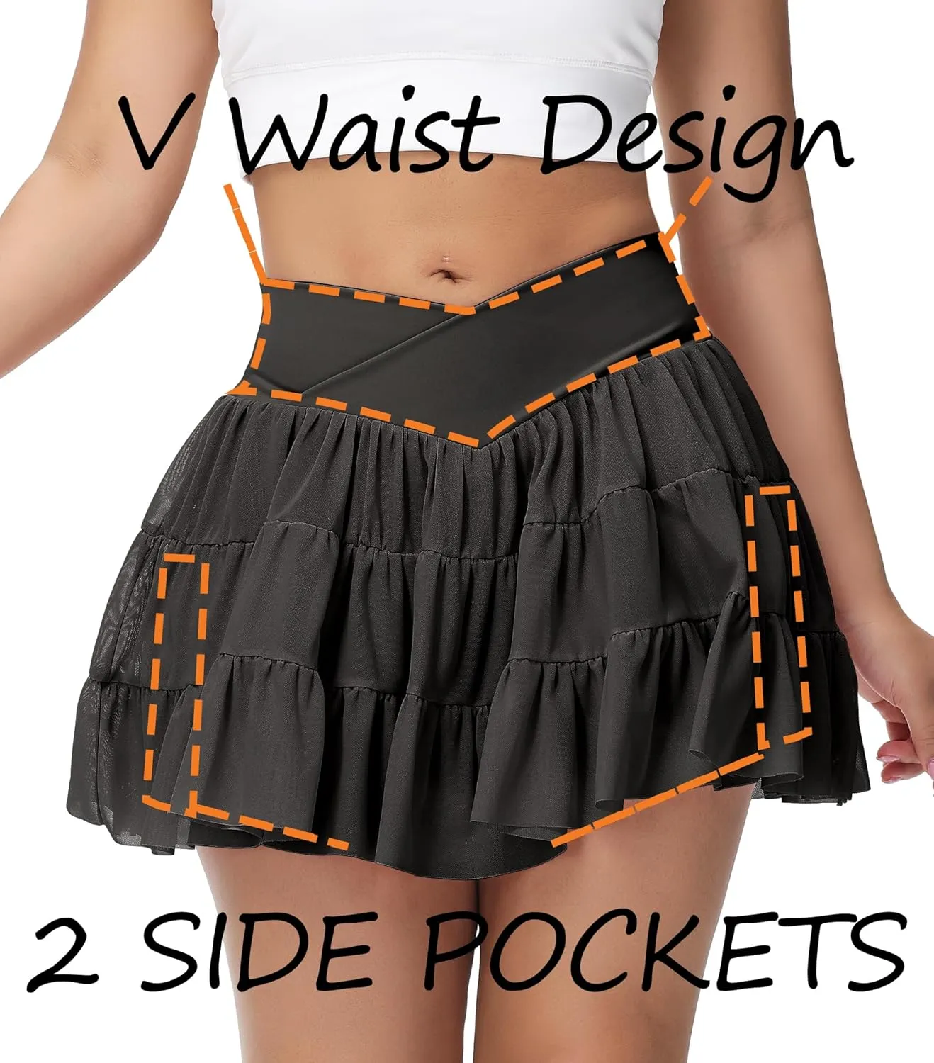 Tennis Skirt with Shorts V-Waist Flowy Pleated Ruffle Skirts Dance Golf Running Athletic Skorts