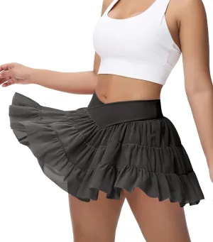 Tennis Skirt with Shorts V-Waist Flowy Pleated Ruffle Skirts Dance Golf Running Athletic Skorts