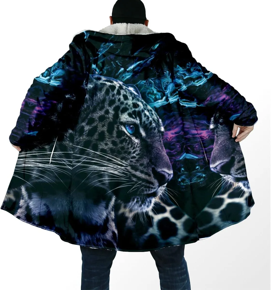 The King White Tiger Skin Myth Lion Dragon Thick Warm Hooded Cloak Men Overcoat Coat
